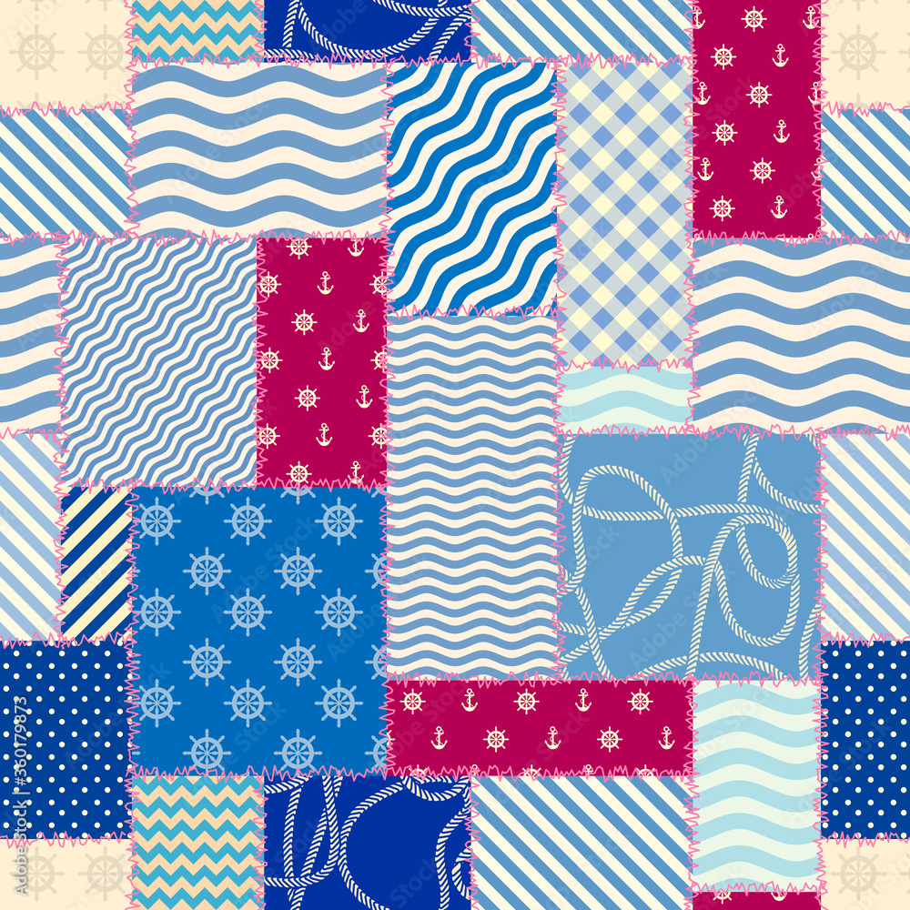 Seamless pattern. Patchwork pattern in marine style. Vector illustration.