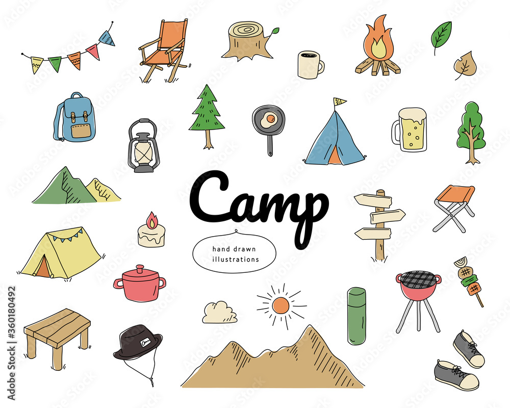手書きのキャンプのイラストのセット アイコン おしゃれ かわいい Stock イラスト Adobe Stock