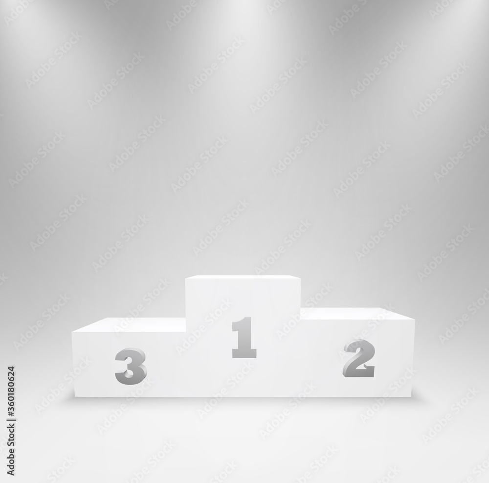 Pedestal for winners with first, second, and third places. Podium for an award ceremony, stand for contest winners and champions. 3d platform isolated in studio lighting. Vector illustration. Pedestal for winners with first, second, and third places. Podium for an award ceremony, stand for contest winners and champions. 3d platform isolated in studio lighting. Vector illustration.