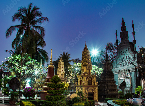 Ancient traditional Khmer Wat Temple at night on blue sky background in Siem Reap, Cambodia