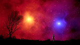Cute small girl in red dress walk on land with tree in colorful nebula. Elements furnished by NASA. 3D rendering