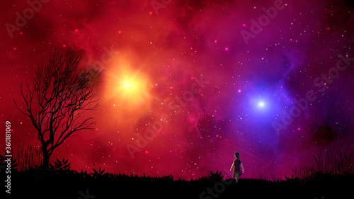 Cute small girl in red dress walk on land with tree in colorful nebula. Elements furnished by NASA. 3D rendering © Space Creator