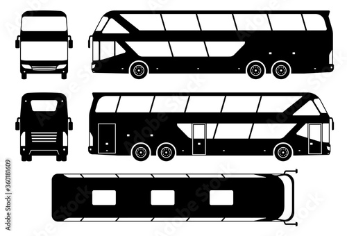 Tourist bus silhouette on white background. Vehicle icons set view from side, front, back, and top