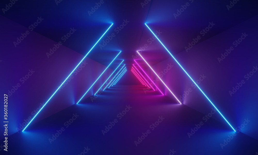 3d rendering, laser show, night club interior lights, glowing lines, abstract fluorescent background, corridor