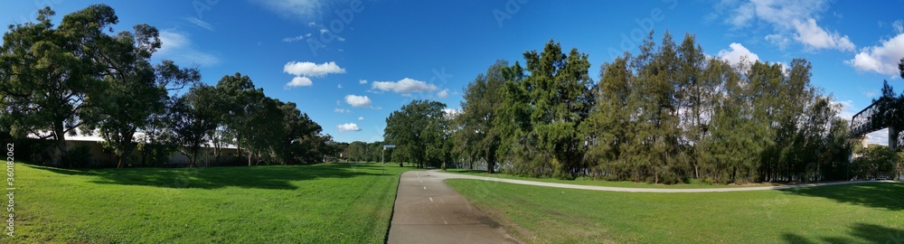 Panoramic view of a beautiful Reid Park near Parramatta River, Rydalmere, New South Wales, Australia