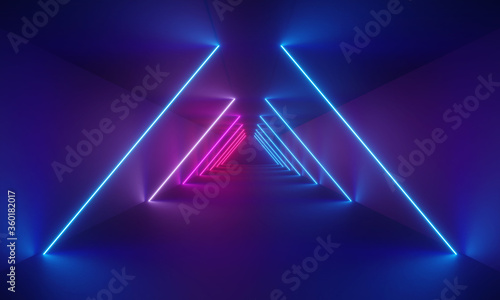 3d rendering, laser show, night club interior lights, glowing lines, abstract fluorescent background, corridor