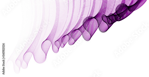 3d particles mesh array, sound wave flowing, transparent tulle textile on wind. Round points vector effect illustration. Blended mesh, calming relaxing wallpaper.