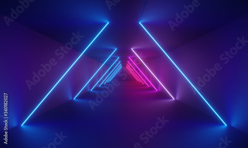 3d rendering, laser show, night club interior lights, glowing lines, abstract fluorescent background, corridor © Anton