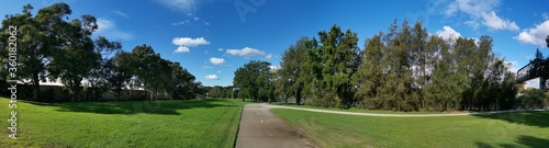 Panoramic view of a beautiful Reid Park near Parramatta River, Rydalmere, New South Wales, Australia