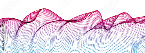 Dynamic wave transparent tulle textile on wind, particles flow, effect in motion. Vector abstract background. 3d shape dots blended mesh, relaxing calming wallpaper.