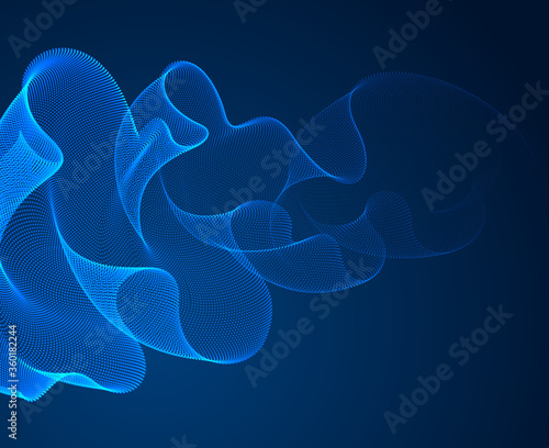 Flowing magic particles wave over dark, transparent tulle textile on wind, dynamic motion curve lines. 3d vector illustration. Beautiful calming wave shaped array of blended points.