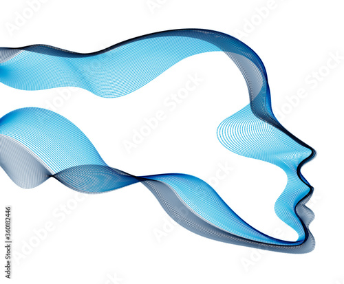 Beautiful futuristic illustration of human head made of dotted particles flow array, wavy shapes lines vector electronic soul of futuristic smart machines.