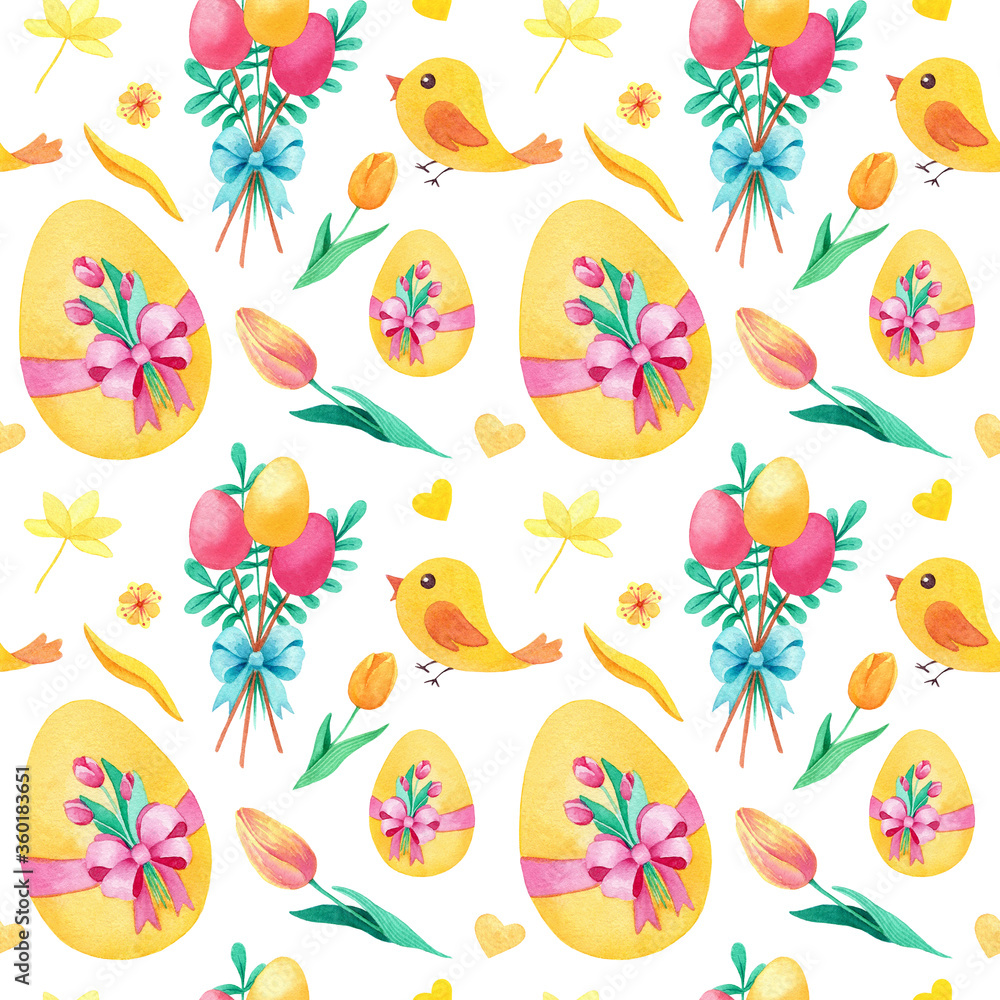 Watercolor Easter seamless pattern, hand drawn on white background with chicken, eggs, tulips, flowers, leaves. Yellow, green, blue, pink colors.
