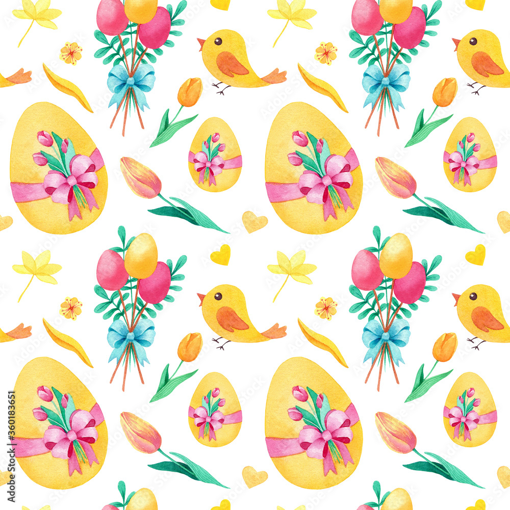 Obraz premium Watercolor Easter seamless pattern, hand drawn on white background with chicken, eggs, tulips, flowers, leaves. Yellow, green, blue, pink colors.
