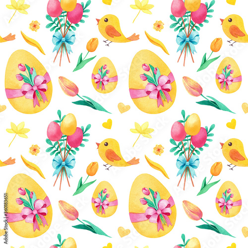 Watercolor Easter seamless pattern, hand drawn on white background with chicken, eggs, tulips, flowers, leaves. Yellow, green, blue, pink colors.
