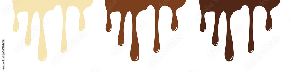 Melted black, white, and milk chocolate drips. Set. Vector illustration
Melted black, white, and milk chocolate drips. Set. Vector illustration