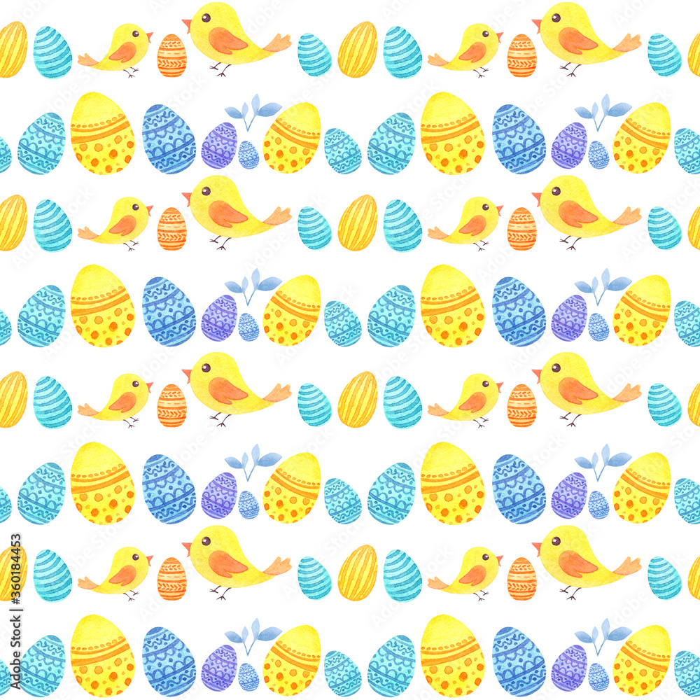 Watercolor seamless Easter pattern with yellow chickens and blue eggs on white background isolated. Cute ester texture for your design.