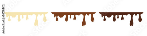 Melted black, white, and milk chocolate drips. Set. Vector illustration

