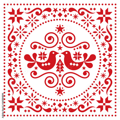 Christmas Scandinavian folk art vector greeting card pattern, sqaure floral decoration with Christmas trees, birds and flowers 
