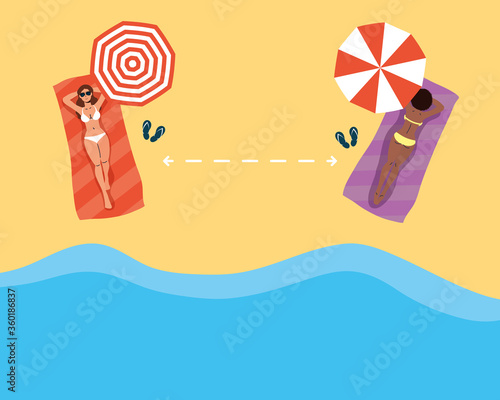 interracial women on the beach practicing social distancing scene ,summer time vacations