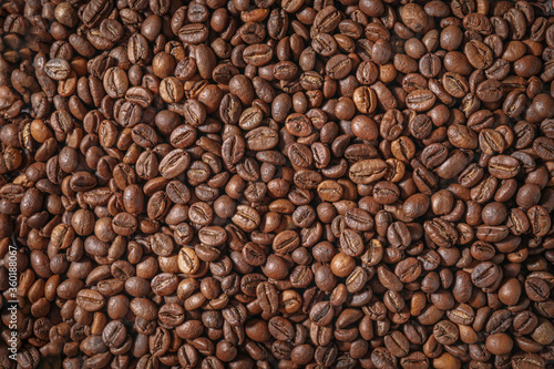 Coffee beans texture. Top view