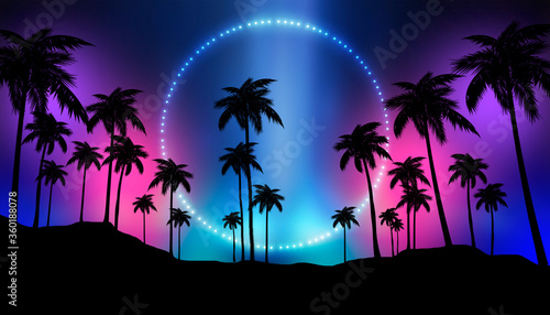 Empty dark tropical background of night sea beach, neon light, city lights. Silhouettes of tropical palm trees on a background of bright abstract sunset. Modern futuristic landscape. 3d illustration  © MiaStendal