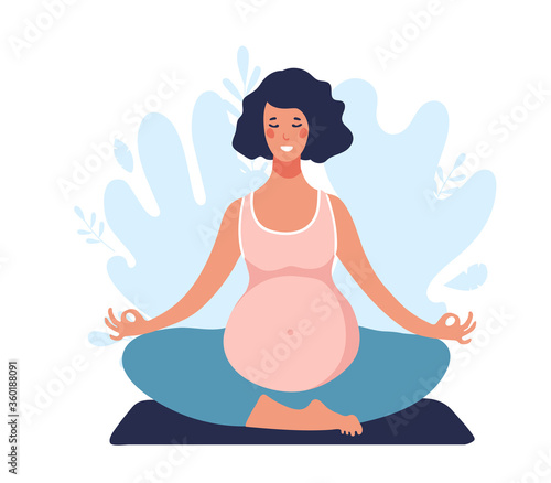 Cute young pregnant woman practices yoga in nature. Activity during pregnancy. Mommy meditates in lotus position, the concept of calm. Flat vector illustration isolated on white background