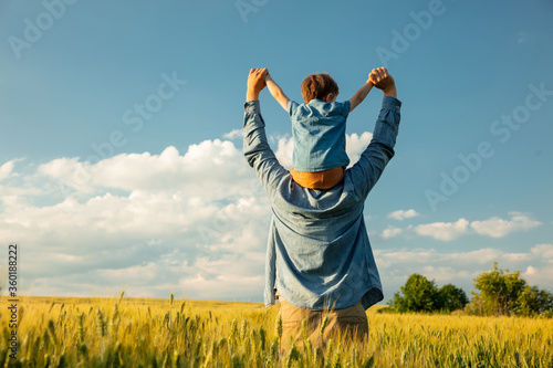 father and son in wheat field, child sitting on his fathers shoulders photo
