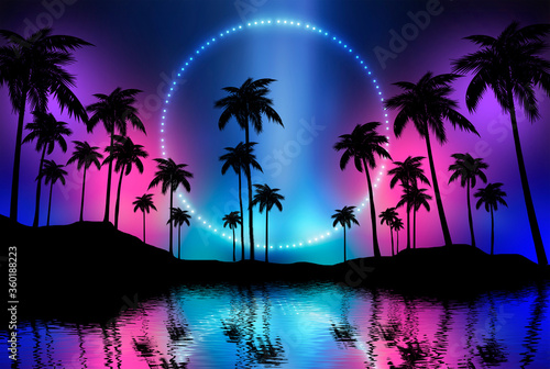 Empty dark tropical background of night sea beach, neon light, city lights. Silhouettes of tropical palm trees on a background of bright abstract sunset. Modern futuristic landscape. 3d illustration 