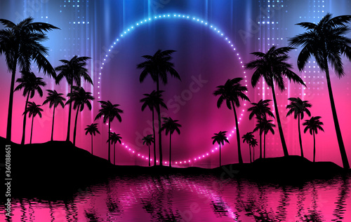 Empty dark tropical background of night sea beach, neon light, city lights. Silhouettes of tropical palm trees on a background of bright abstract sunset. Modern futuristic landscape. 3d illustration 