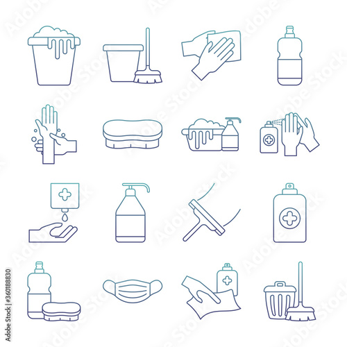 Cleaning service degraded line style icon set vector design