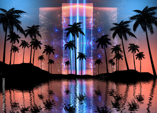 Empty dark tropical background of night sea beach  neon light  city lights. Silhouettes of tropical palm trees on a background of bright abstract sunset. Modern futuristic landscape. 3d illustration 