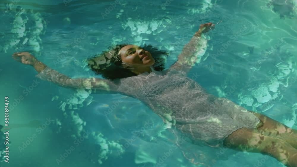 Digital composite video of Covid-19 cells moving against woman swimming in a pool in background Digital composite video of Covid-19 cells moving against woman swimming in a pool in background