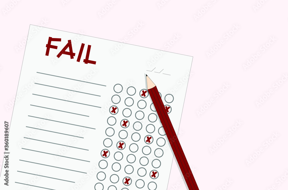exam fail paper and pencil on pink background. fail word written red cut lines style and cross marks, optical form. education and success theme illustration exam fail paper and pencil on pink background. fail word written red cut lines style and cross marks, optical form. education and success theme illustration