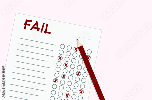 exam fail paper and pencil on pink background. fail word written red cut lines style and cross marks, optical form. education and success theme illustration