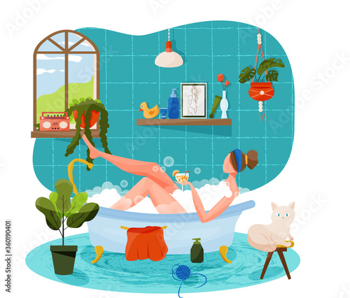 Flat illustration of girl taking bath holding a glass of cocktail. Concept of personal care, me time. Cozy bathroom interior with household items, skin care cosmetics, accompany by cat.