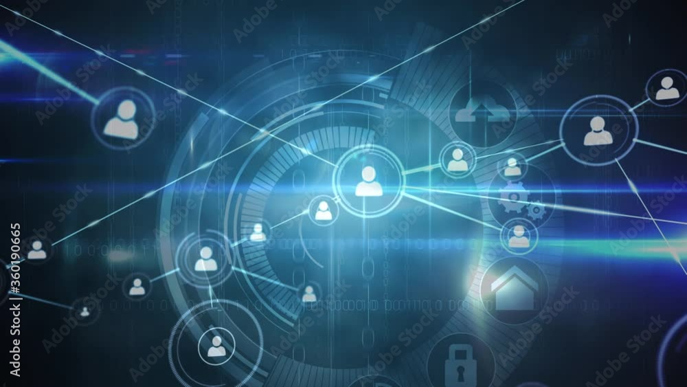 Animation of web connections and icons floating over circles on black background Animation of web connections and icons floating over circles on black background