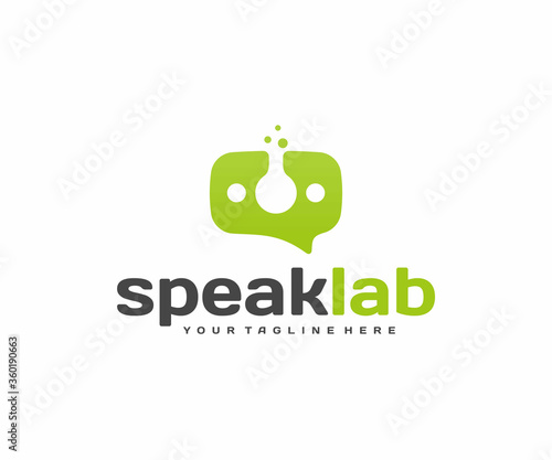 Speech bubble with laboratory flask logo design. Social digital marketing vector design. Advertising logotype