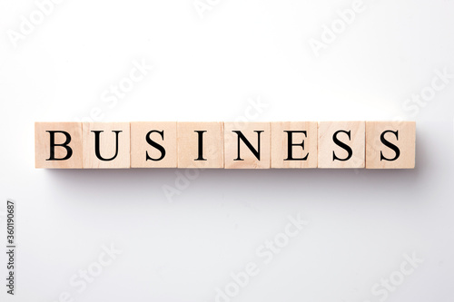 Business text on wood block on White background.