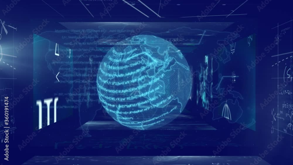 Animation of data processing on a globe and screens Animation of data processing on a globe and screens