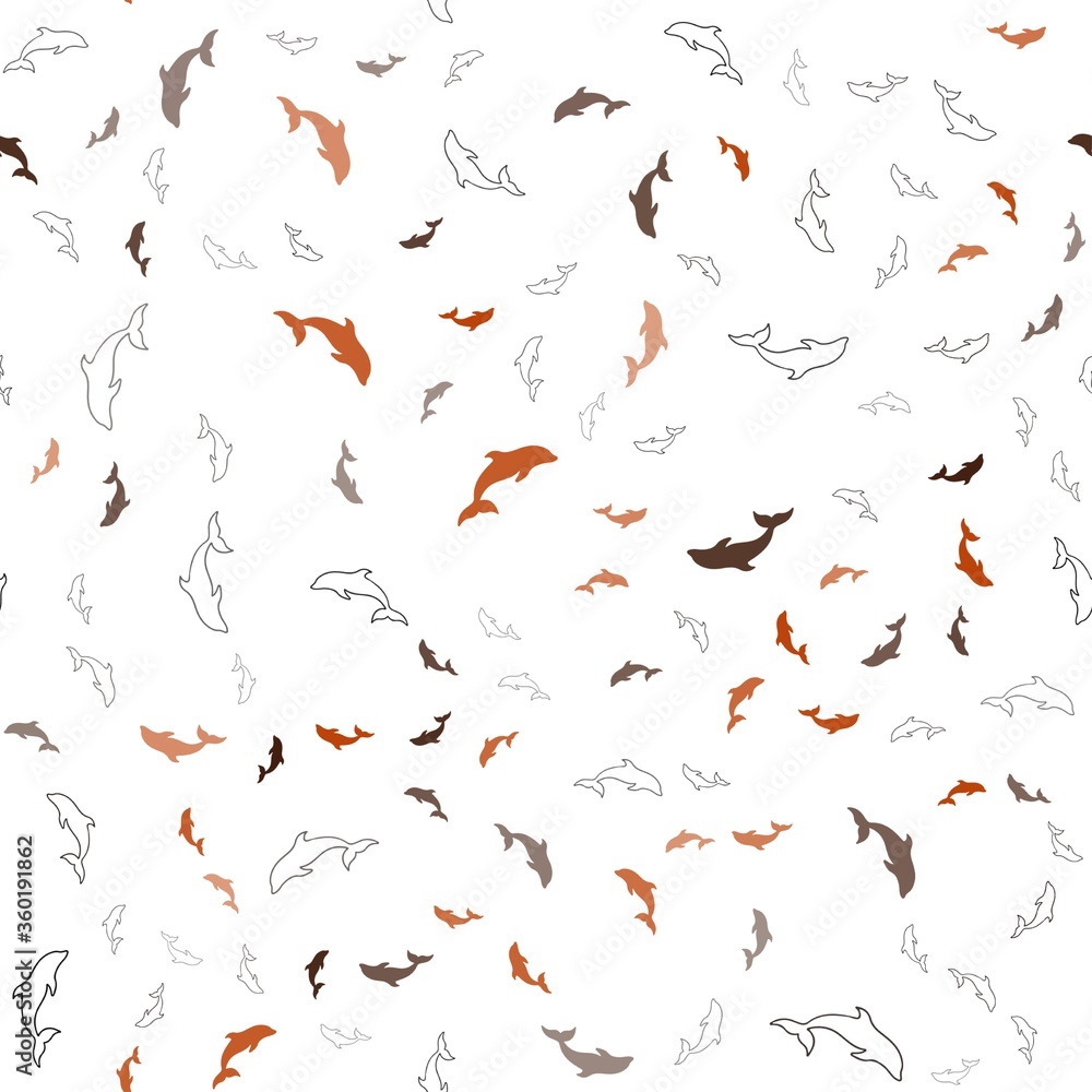 Dark Red vector seamless texture with dolphins. Decorative design in natural style with sea dolphins. Pattern for wildlife ad, booklets.