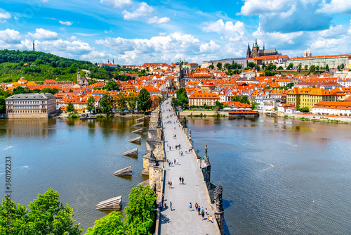 Prague panorama with Prague Castle, and Charles Bridge over Vltava River. View from Old Town Bridge Tower, Czech Republic