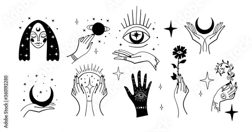 Set of black magic stickers  boho design elements  tattoo  alchemical symbols  esotericism and witchcraft. Linear vector illustration isolated on white background
