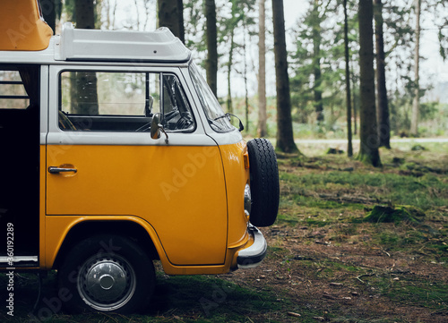 Old bus in the forest.