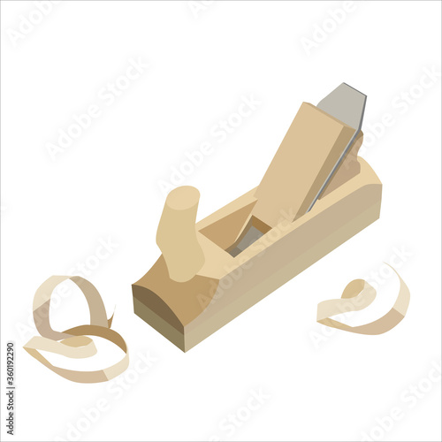 Vector illustration isolated on a white background of a wooden planer a carpenter tool and wood shavings