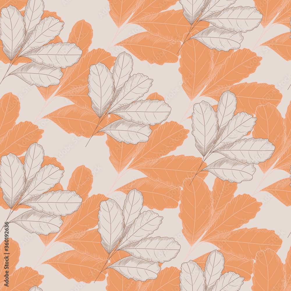 Vintage autumn leaf seamless pattern on light background. Tree leaves backdrop. Autumn floral wallpaper.
