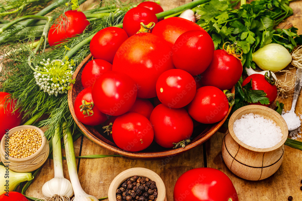 Pickling vegetables concept. Cooking process, spices, fresh fragrant herbs Pickling vegetables concept. Cooking process, spices, fresh fragrant herbs