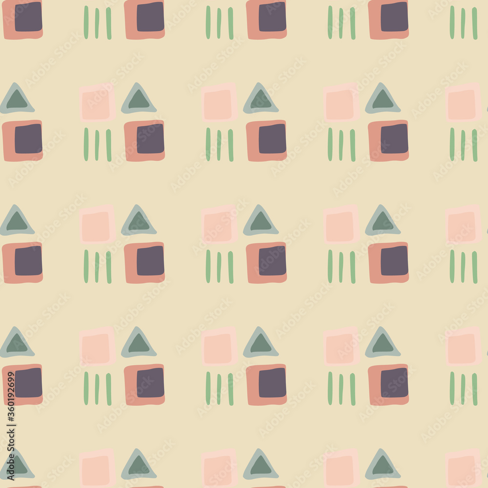 Abstract geometric square and triangular shapes seamless pattern. Simple ethnic wallpaper.