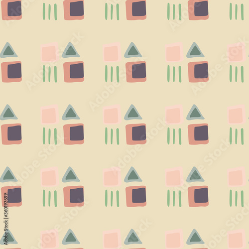 Abstract geometric square and triangular shapes seamless pattern. Simple ethnic wallpaper.
