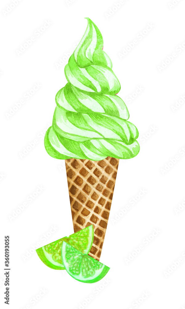 Watercolor lime ice cream cone. Hand drawn illustration fresh slices of